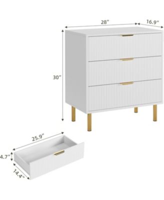 3-Drawer Modern White Dresser, 30" Tall, Fluted Chest with Gold Handles, Anti-Tip Device, Bedroom, Living Room, Kids Room