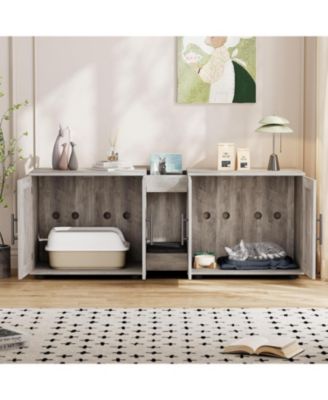 Double Room Cat Litter Cabinet, Stylish Storage Litter Box Enclosure for Two Cats, Cat Mat, Organizer, Gray