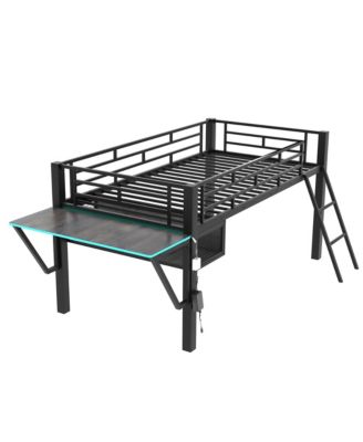 Black Metal Twin Size Gaming Mid Loft Bed with BuiltIn Desk and MultiColor LED Lighting Space Saving Furniture for Kids and Teens Bedrooms
