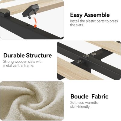 Boucle Upholstered Platform Bed with 2 Storage Drawers and Bookcase Headboard, Noise-Free, Easy Assembly, No Box Spring Needed