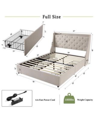 Full Bed Frame with Charging Station, Upholstered Platform Bed Frame with Wingback Headboard