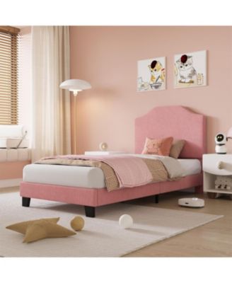 Twin Size Velvet Bed Frame Corduroy Upholstered Platform Adjustable Headboard No Box Spring Needed Wooden Slats Pink
