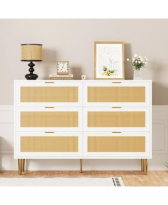 6-Drawer Rattan Dresser, Modern Chest with Gold Legs & Handles, Wide Double Storage, Bedroom, Living Room, White