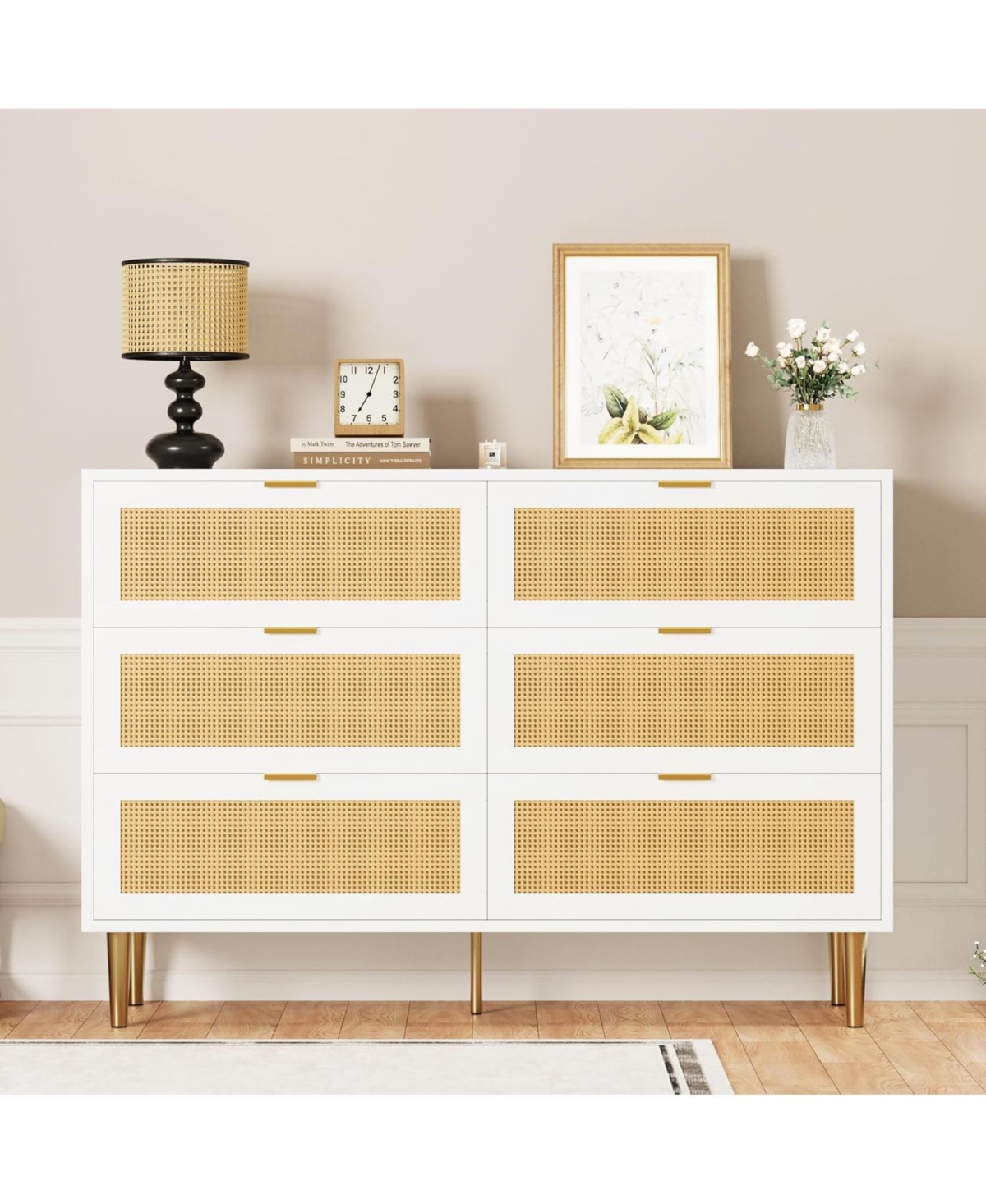 gaomon 6-Drawer Rattan Dresser, Modern Chest with Gold Legs & Handles, Wide Double Storage, Bedroom, Living Room, White