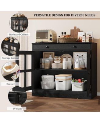 35.4 Inch Black Sideboard Buffet Cabinet, Glass Door, Drawer Storage, Modern Dining Room, Kitchen Cabinet