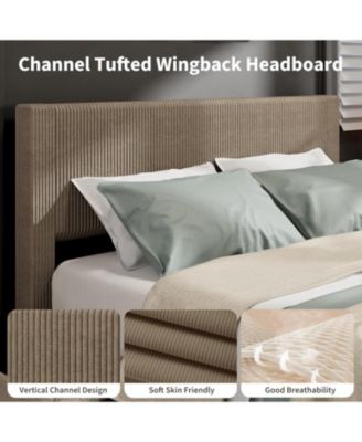 Corduroy Upholstered Platform Bed Frame with Tufted Wingback Headboard, Wood Slat Support, and 4 Storage Drawers.