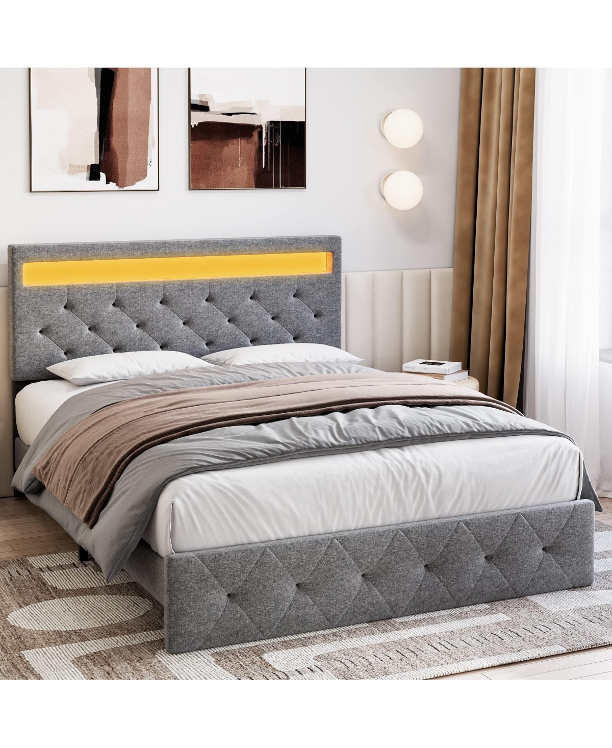gaomon Queen Bed Frame with Storage Headboard and Charging Station, Wood Platform Bed Frame with Led Lights