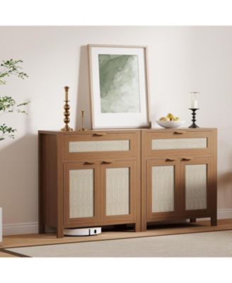 Rattan Buffet Cabinet with Storage, Narrow Sideboard with Doors & Drawer, Wood Console Table for Living Room