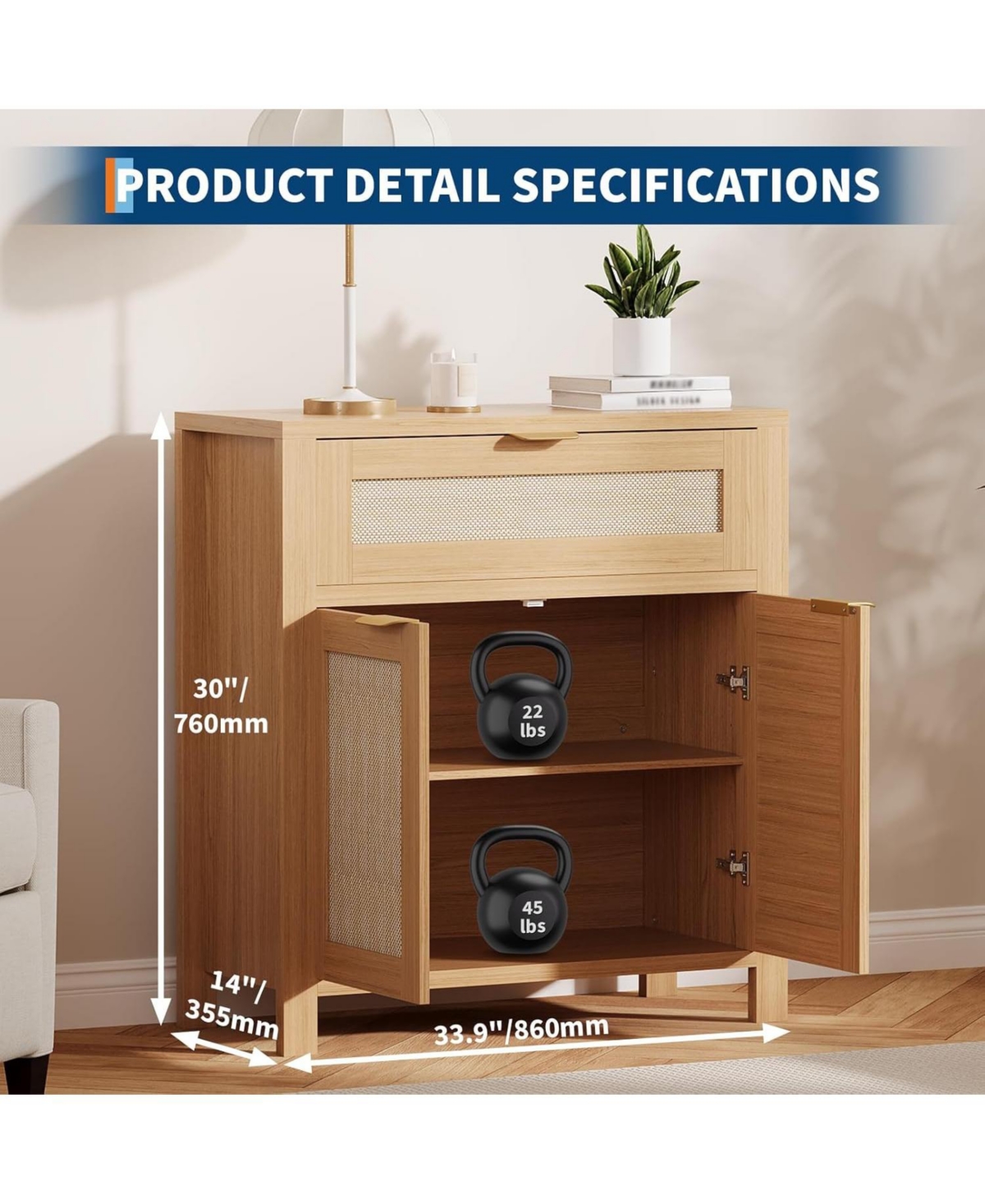 gaomon Rattan Buffet Cabinet with Storage, Narrow Sideboard Doors & Drawer, Wood Console Table for Living Room