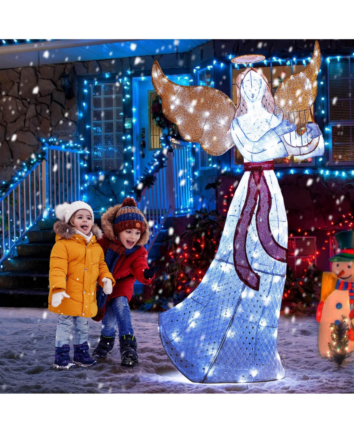 Costway 5 Ft Lighted Angel with Harp Led Lights Halo Zip Ties & Ground Stakes Christmas