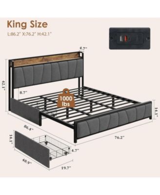 King Size Upholstered Bed Frame with Storage Headboard, 2 Drawers, USB Charging Station, No Box Spring Needed, Heavy Duty