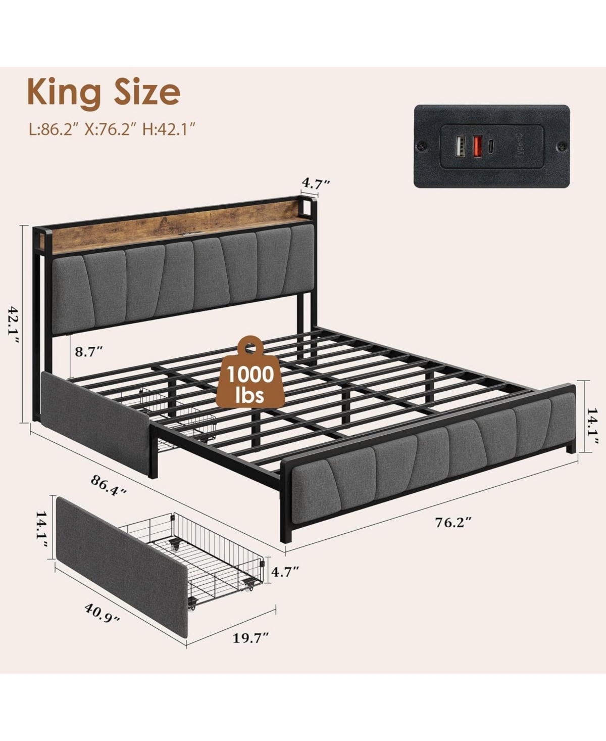 gaomon King Size Upholstered Bed Frame with Storage Headboard, 2 Drawers, Usb Charging Station, No Box Spring Needed, Heavy Duty