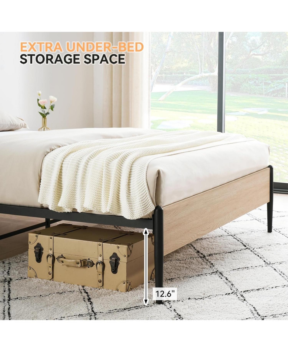 Gaomon Boho Bed Frame with Rattan Headboard & Wood Footboard, Under Bed Storage