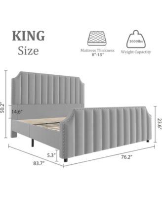 King Size Velvet Bed Frame with 50.2" Tufted Headboard & Footboard, Nailhead Trim, No Box Spring Needed, Noise-Free