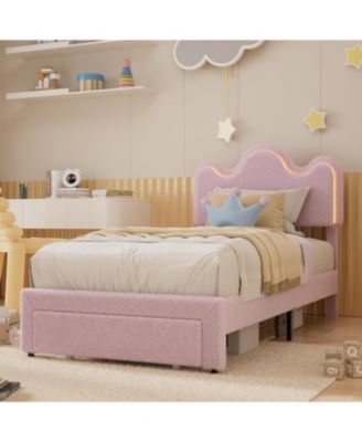 Princess Bed Frame with LED Headboard & Storage Drawers, Adjustable Boucle Platform Bed for Girls, No Box Spring Needed - Standard/Queen