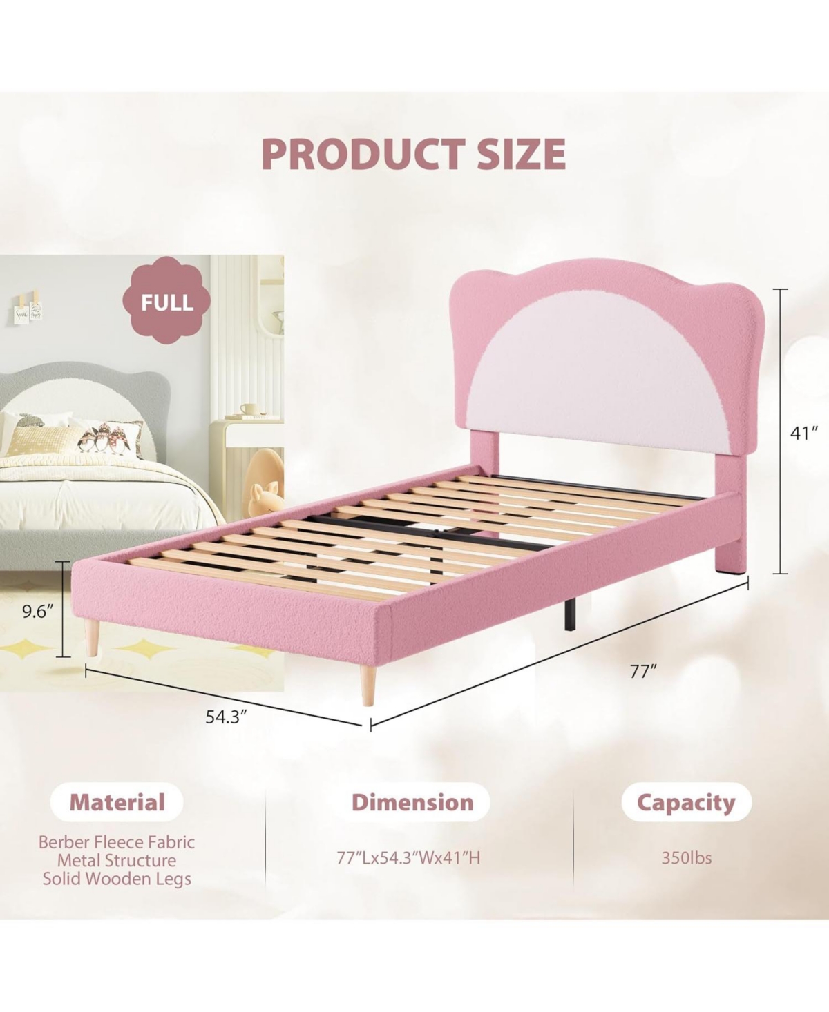 Gaomon Princess Bed Frame for Kids - Adjustable Scallop Headboard, Velvet Upholstered, No Box Spring Needed