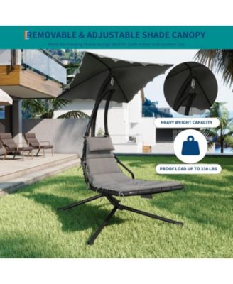 Chaise Lounger Swing Chair with Umbrella Canopy, Patio Hanging Lounge Chair with Stand, Curved Steel Outdoor Chair for Pool, Garden, Backyard - Twin
