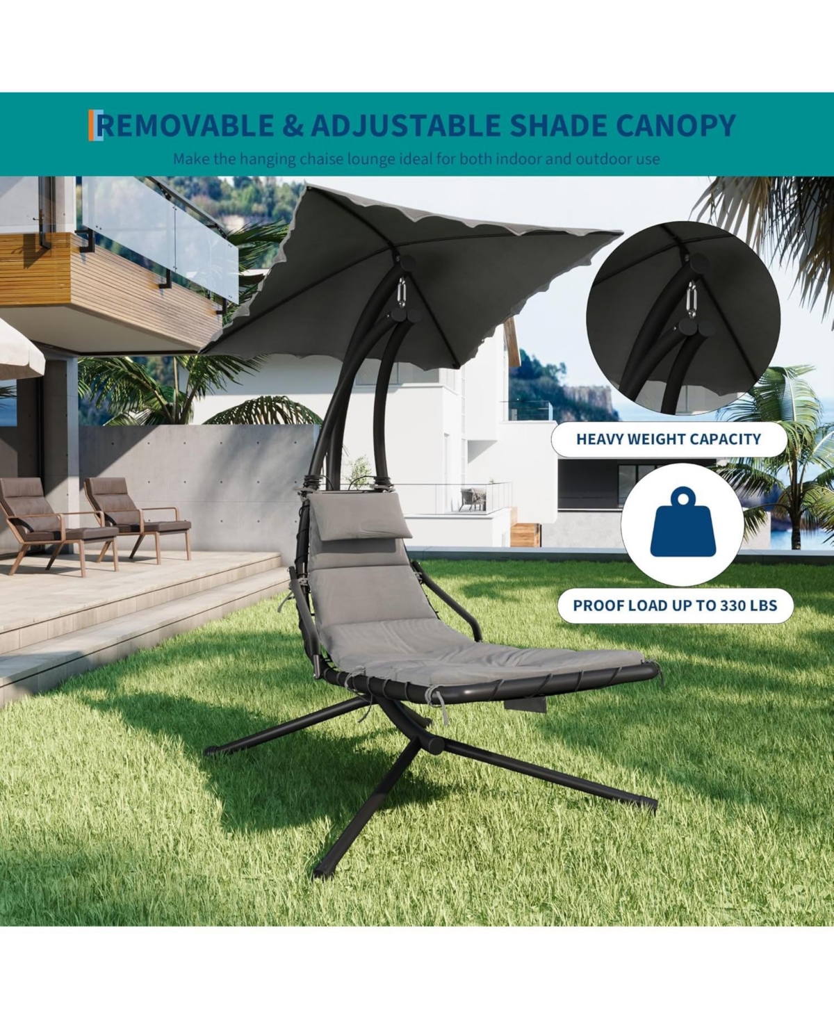 gaomon Chaise Lounger Swing Chair with Umbrella Canopy, Patio Hanging Lounge Stand, Curved Steel Outdoor for Pool, Garden, Backyard