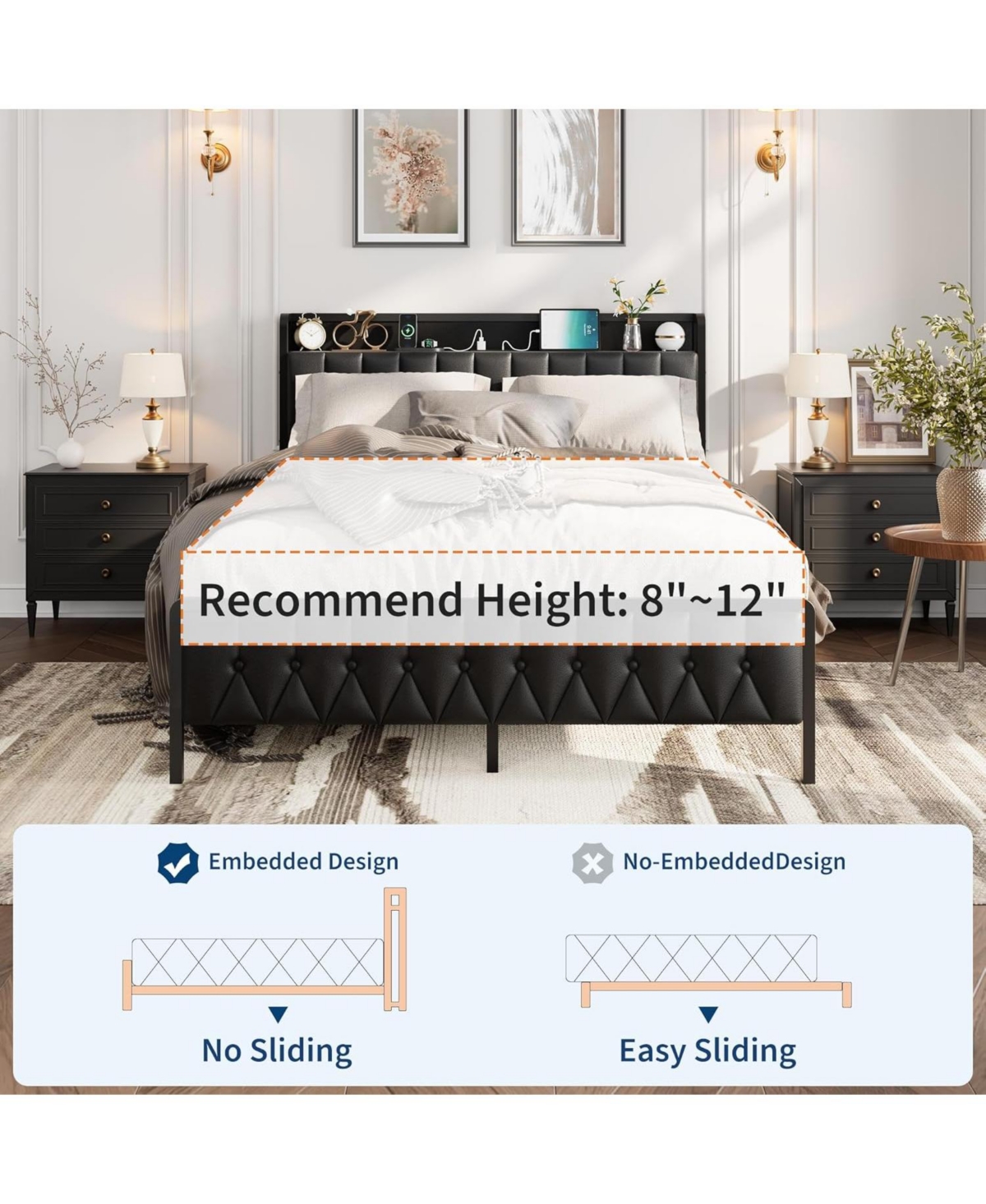 Gaomon Bed Frame with Pu Faux Leather, Charging Station, Platform Storage, Soft Headboard, No Box Spring Needed