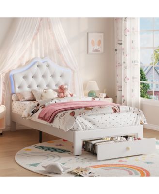 Twin Size Upholstered Bed Frame with LED Headboard Lights & Storage Drawer, Noise Free, Platform Bed for Kids and Teens