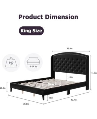 King Velvet Platform Bed with Wingback Tufted Headboard & Wood Slats, No Box Spring Required