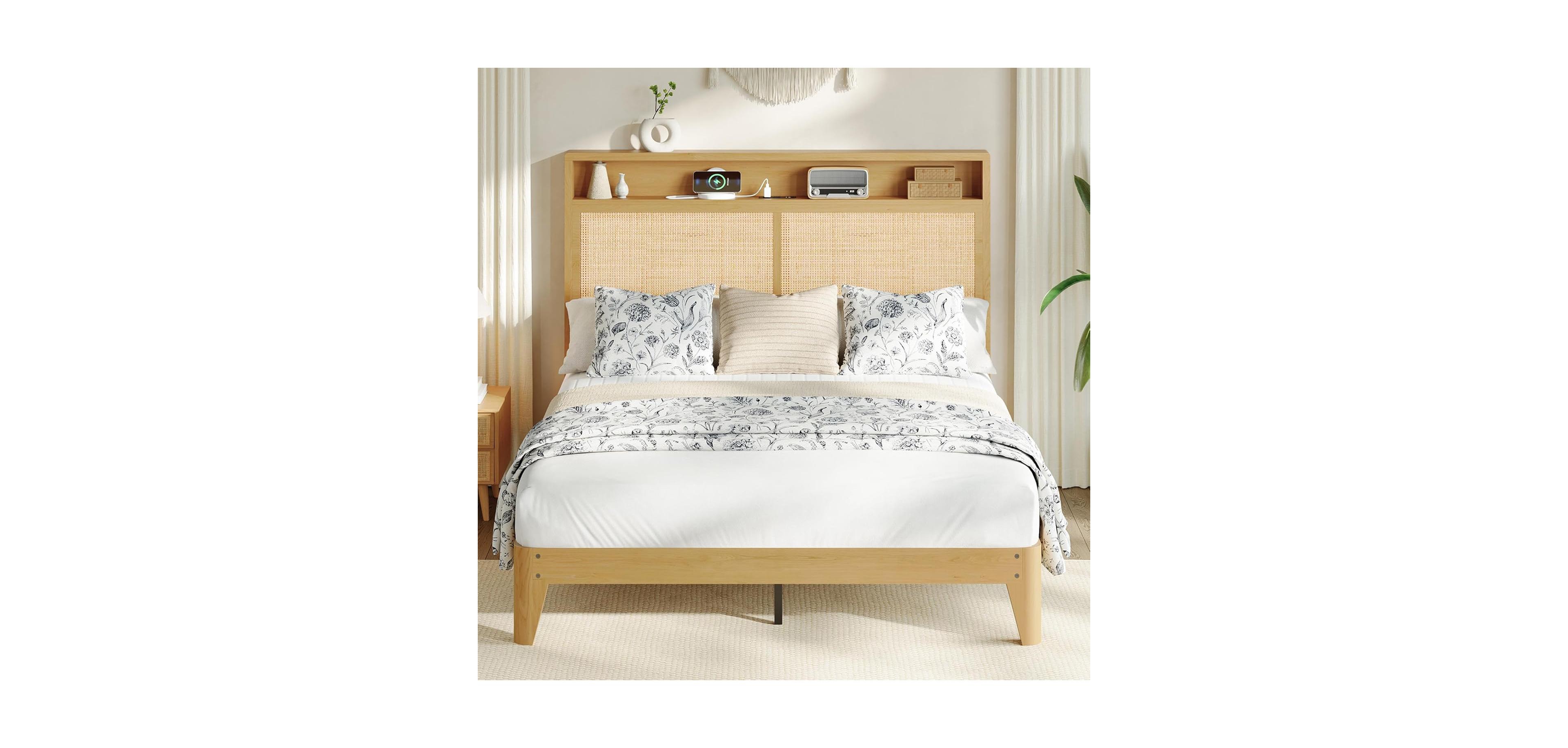 gaomon Boho Rattan Full Size Bed Frame with Led Lights, Storage Headboard, Charging Station, Under Bed Storage – Bed Frame