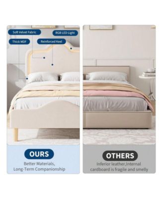 Upholstered LED Bed Frame with Headboard and Footboard Velvet Princess Platform Bedframe for Kids or Girls Wooden Slats Support No Box Spring