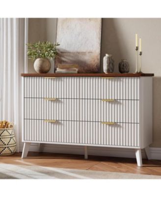 Fluted Dresser for Bedroom with 6 Deep Drawers, 47in Tall Chest of Drawers with Faux Marble Top, Curved Profile Design, White with Walnut Top