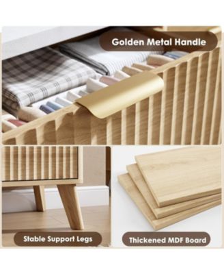 Fluted Dresser for Bedroom with 5 Deep Drawers, 47in Tall Chest of Drawers with Faux Marble Top, Curved Profile Design, White with Walnut Top