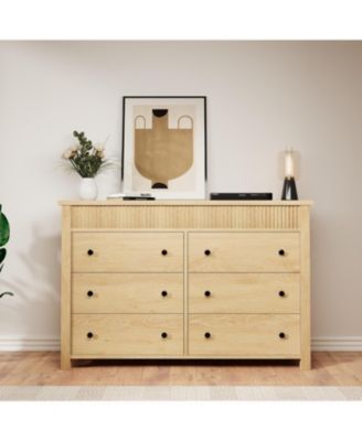 6 Drawer Dresser for Bedroom, Wooden Chest of Drawers, Fluted TV Stand Storage Organizer for Living Room, Hallway and Entryway, Natural Oak