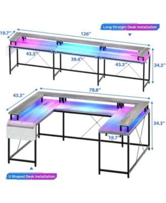 78" Wooden Power Outlets & RGB LED, Reversible L-Shaped Home Office Desk with Storage U-Shaped Gaming Computer Desk