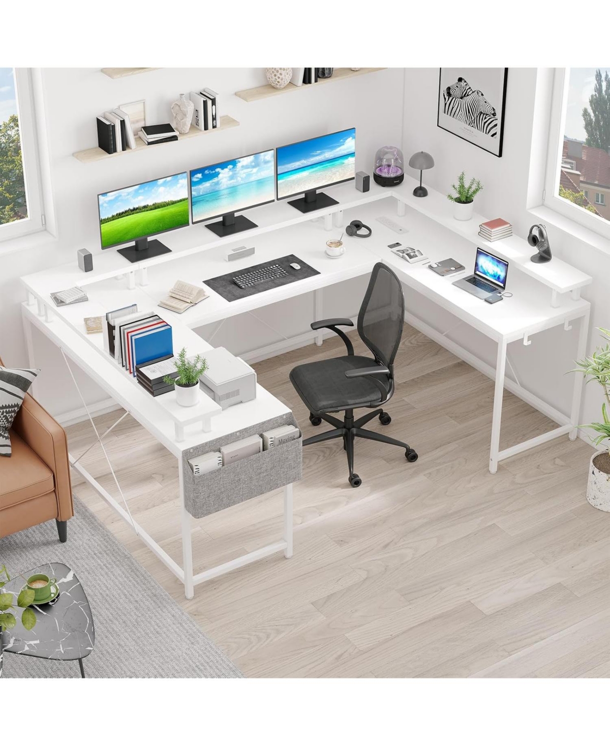 gaomon 78" White U-Shaped Computer Desk with Power Outlets & Rgb Led, Reversible L-Shaped Home Office Desk