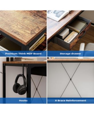 55" Brown L-Shaped Desk with Drawer & LED, Versatile Corner Home Office Desk with USB Charging, Power Outlet, Monitor Stand