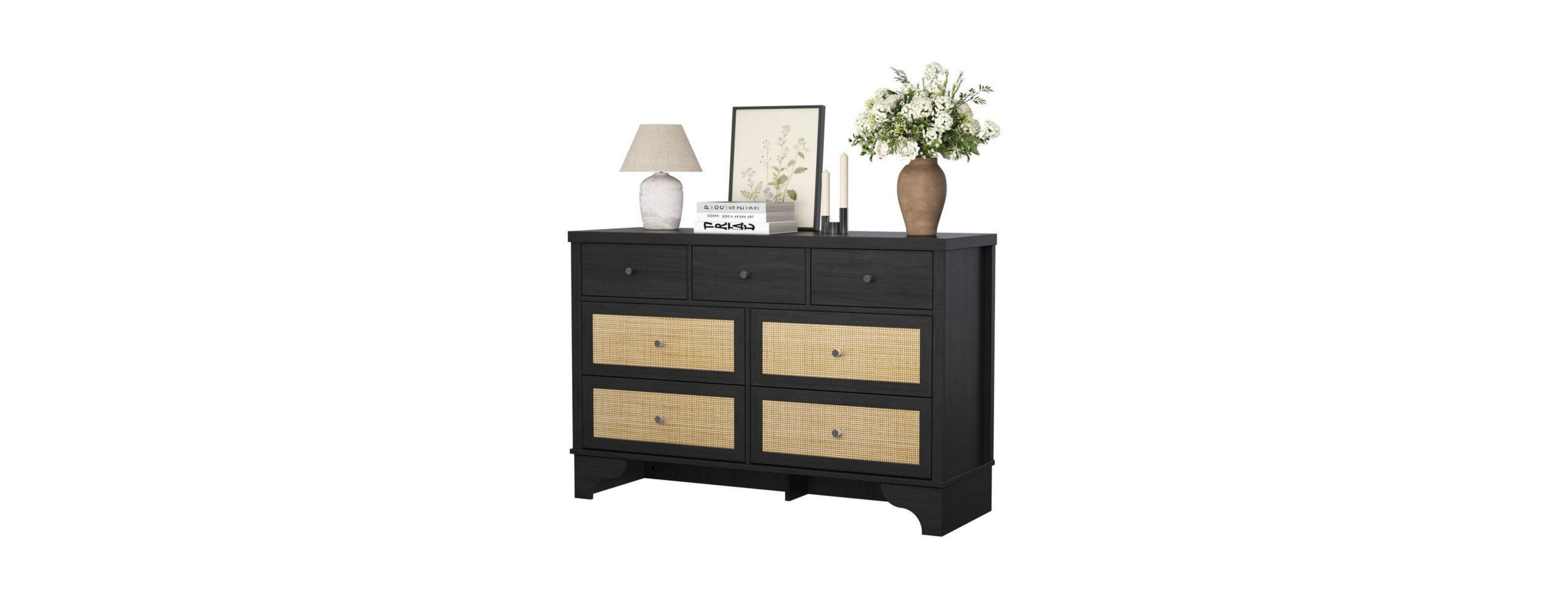 gaomon 7-Drawer Modern Dresser for Bedroom, Wood Chest with Natural Rattan Fronts, Sturdy Base, Organizer for Living Room, Entryway, Hallway