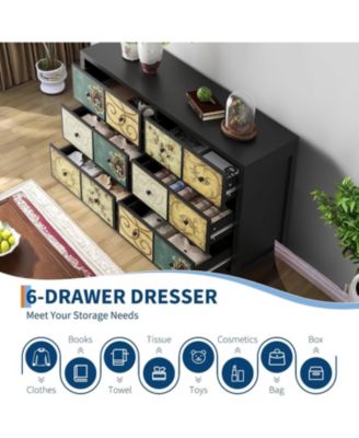 6-Drawer Rustic Modern Wood Retro Floral Pattern Farmhouse Style Dresser Bedroom Chest with Metal Handle