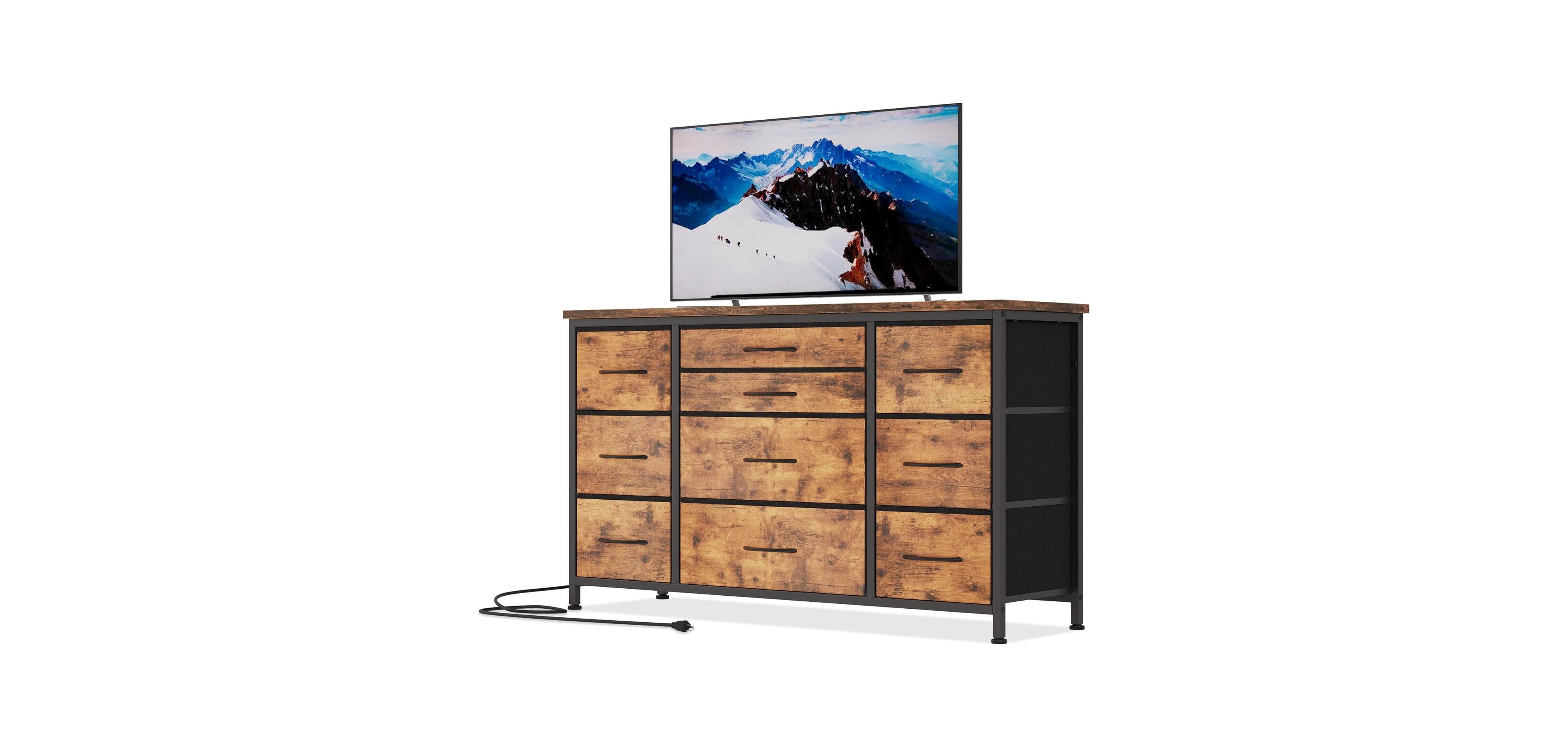 gaomon 10-Drawer Wooden Storage Cabinet with Power Outlets, Steel Frame Tiger Stripe Fabric Dresser