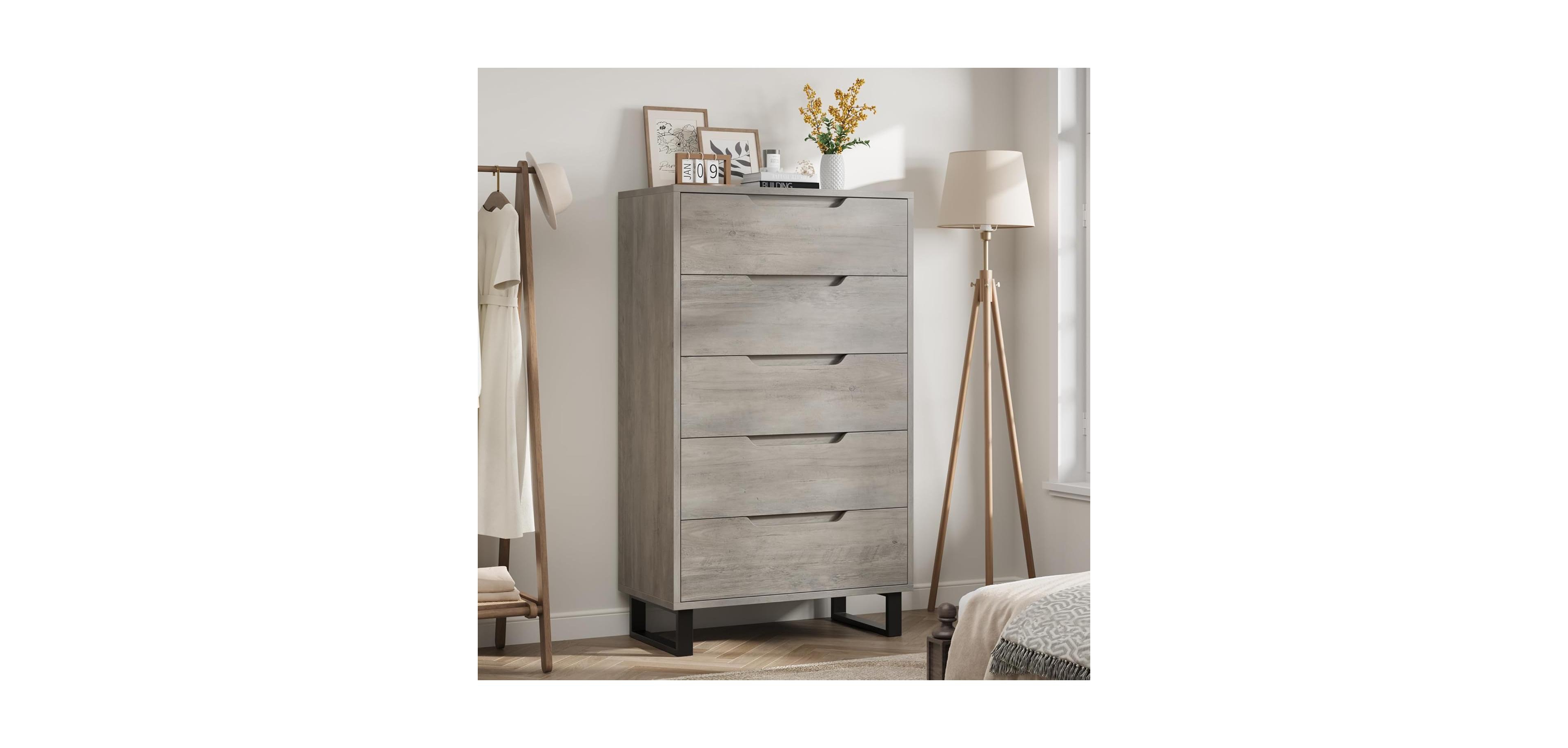 gaomon 5-Drawer Vertical Dresser, 50.5" Tall, Freestanding Wooden Chest, Closet Storage for Bedroom, Living Room, Hallway, Gray
