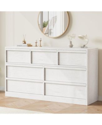7-Drawer Modern Double Dresser Organizer, Large Storage Wooden Chest for Bedroom, Living Room, Nursery, White
