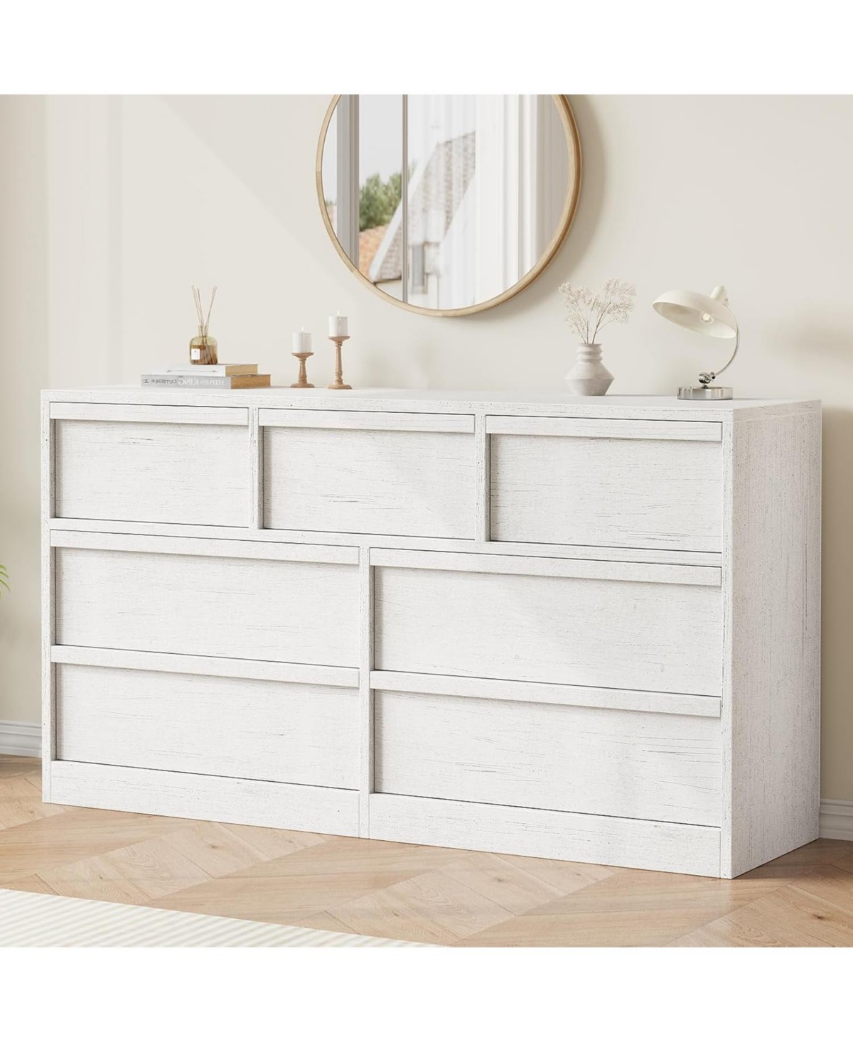 gaomon 7-Drawer Modern Double Dresser Organizer, Large Storage Wooden Chest for Bedroom, Living Room, Nursery, White