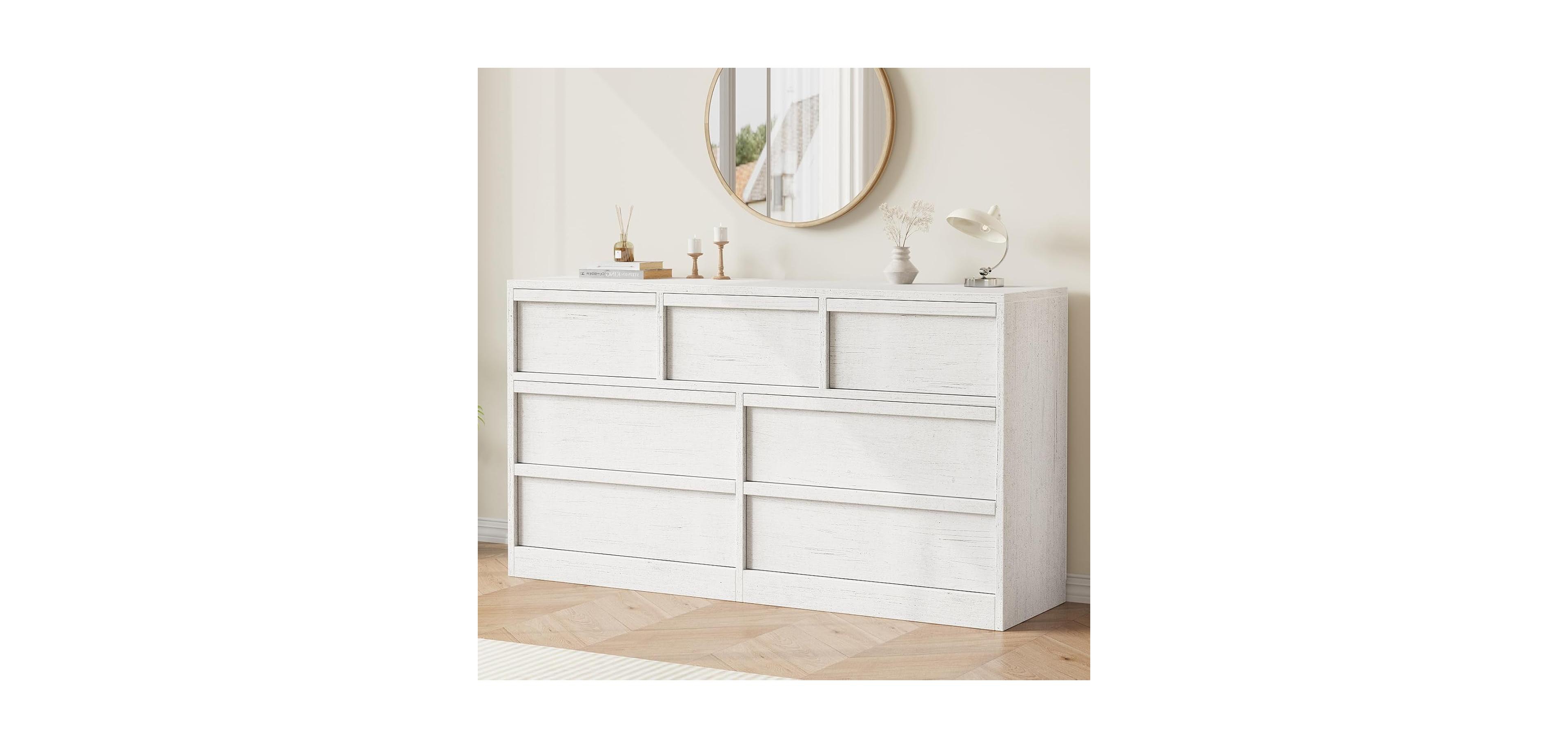 gaomon 7-Drawer Modern Double Dresser Organizer, Large Storage Wooden Chest for Bedroom, Living Room, Nursery, White