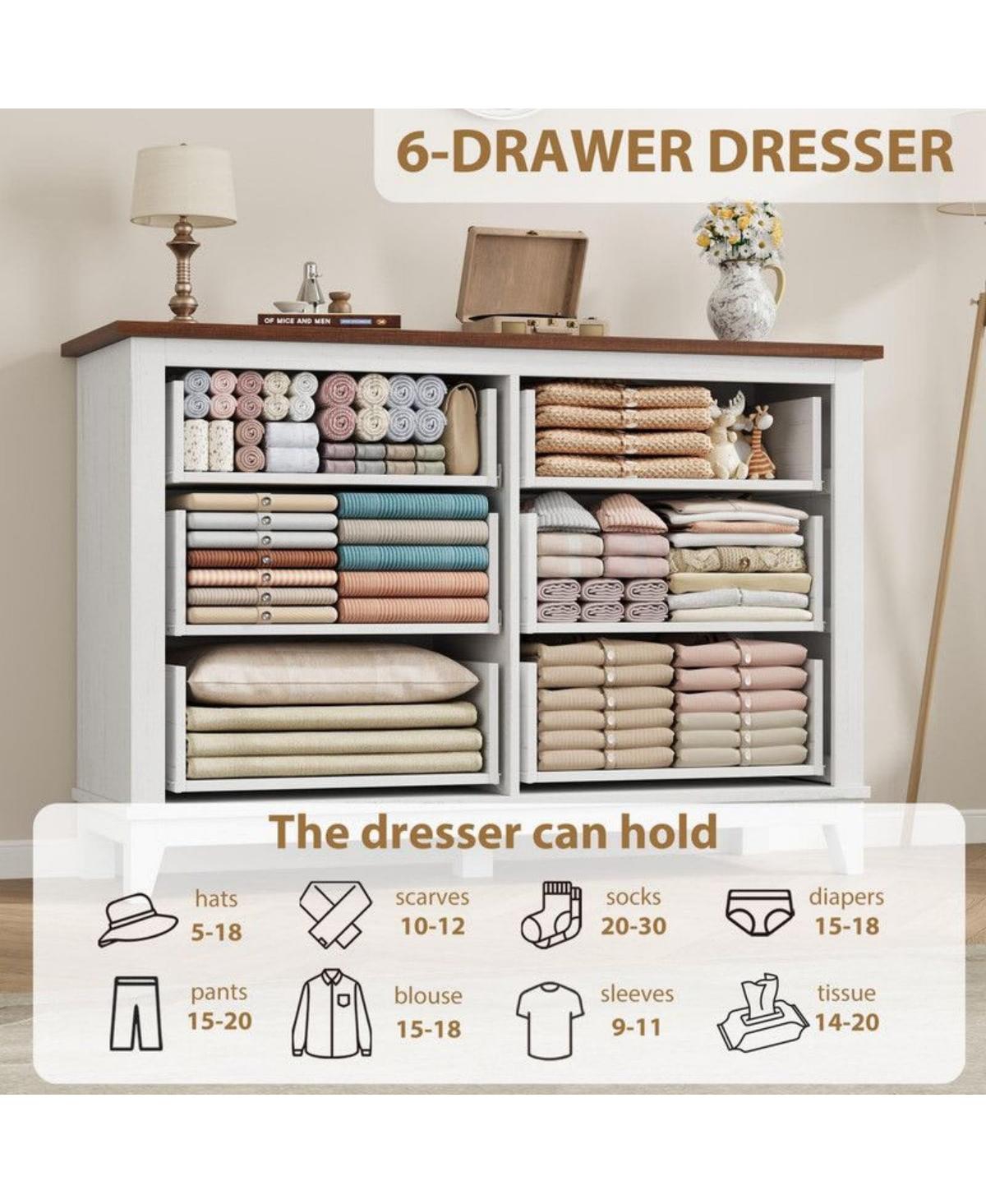 gaomon 6-Drawer Modern Wooden Dresser, 47" Wide Storage Chest, Freestanding Closet Organizer for Bedroom, Living Room