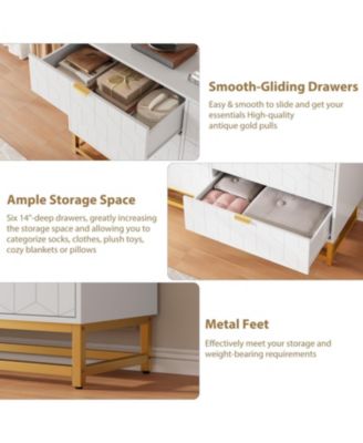 53.5 Inch 6-Drawer Modern Dresser, Wide Chest with Gold Metal Legs & Handles, Storage for Bedroom, Living Room, Hallway, White