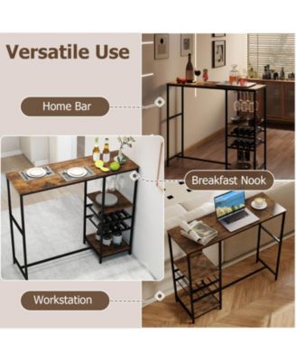 48" Long Bar Table with Storage Shelves Wine Racks & Stemware Holders for Kitchen