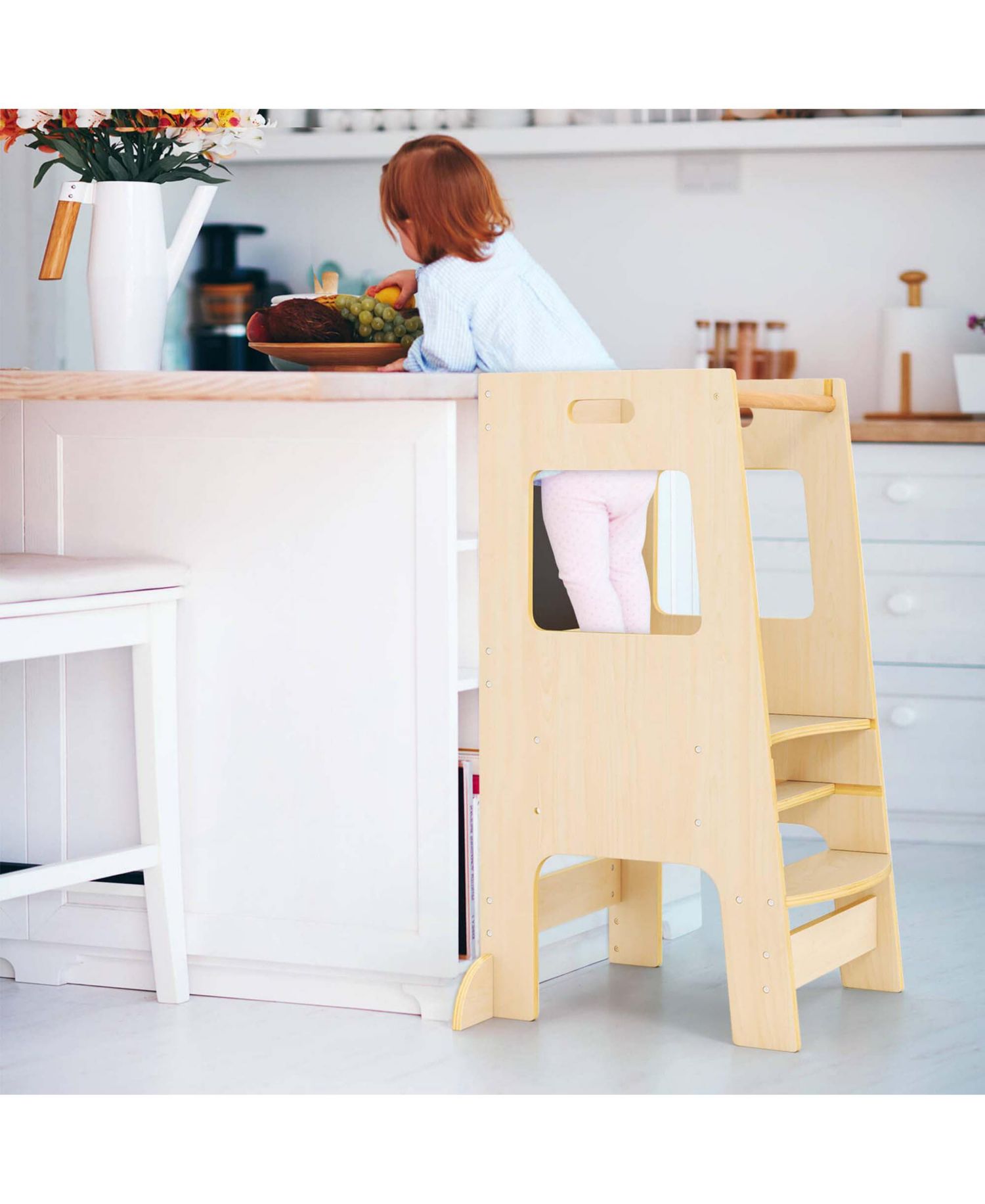 Toddler Kitchen Step Stool with Activity Chalkboard Adjustable Height & Safety Rail