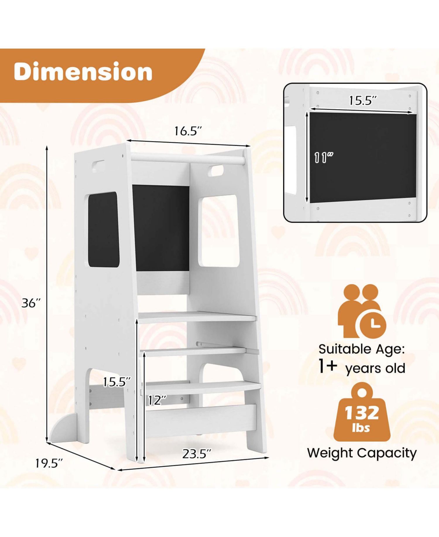 Toddler Kitchen Step Stool with Activity Chalkboard Adjustable Height & Safety Rail