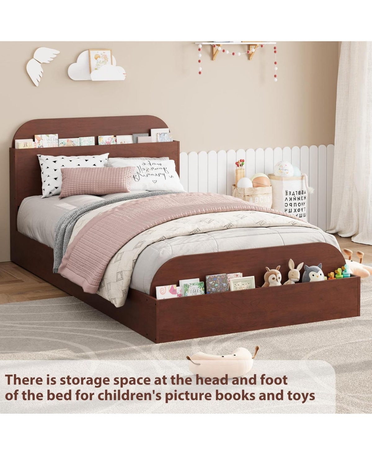 Gaomon Twin Kids Bed Frame with Storage Headboard & Footboard, Low Profile Wood Platform, Sturdy Slats, No Box Spring Needed