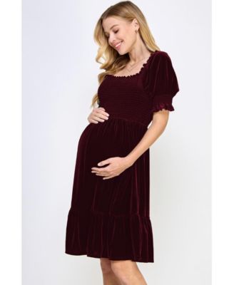 Maternity Velvet Empire Waist Puff Sleeve Smocked Neck Dress