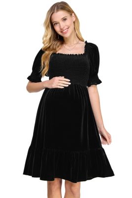Maternity Velvet Empire Waist Puff Sleeve Smocked Neck Dress