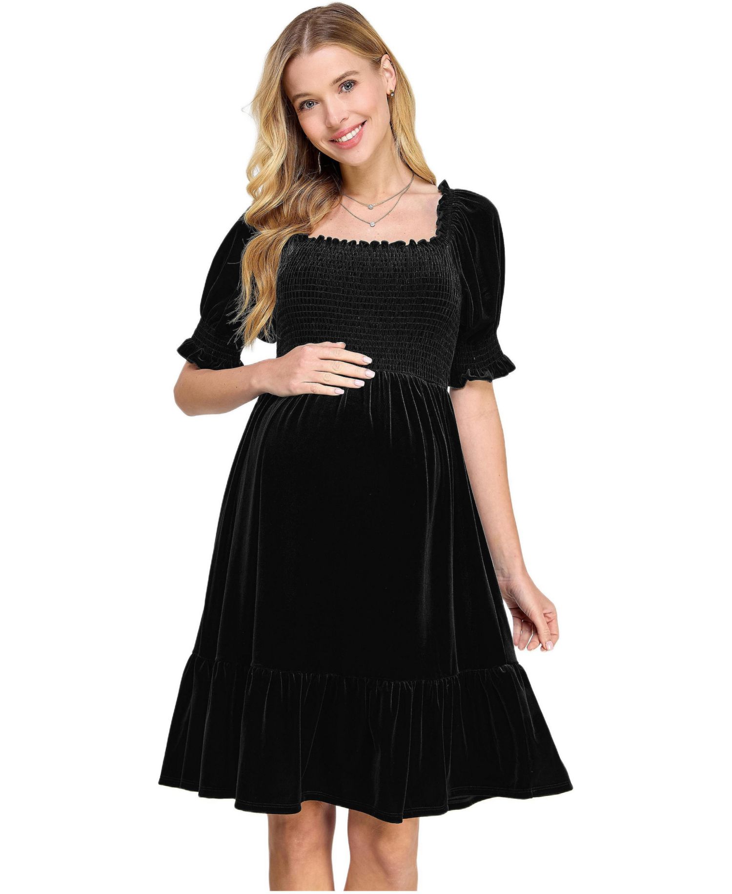 Women's Velvet Empire Waist Puff Sleeve Smocked Neck Dress