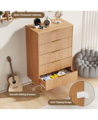 Modern Fluted Drawer Dresser Wood Chest of Drawers with Metal Handles and Legs, Storage Organizer Cabinet
